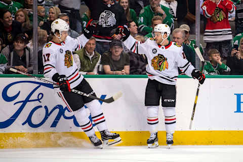 Dylan Strome #17, Alex DeBrincat #12, Chicago Blackhawks Mandatory Credit: Jerome Miron-USA TODAY Sports