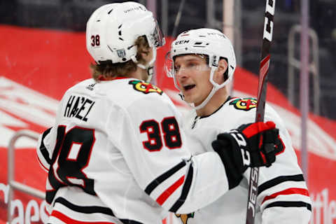 Brandon Hagel #38, Dominik Kubalik #8, Chicago Blackhawks Mandatory Credit: Raj Mehta-USA TODAY Sports