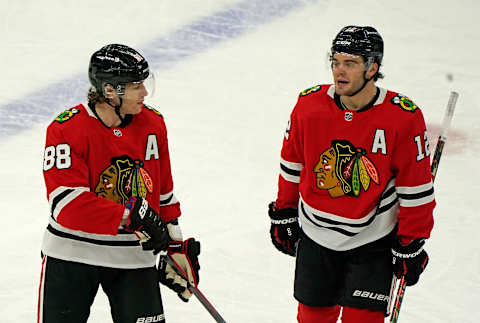 Patrick Kane #88, Alex DeBrincat #12, Chicago Blackhawks Mandatory Credit: Mike Dinovo-USA TODAY Sports