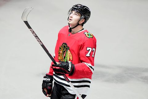 Kirby Dach #77, Chicago Blackhawks Mandatory Credit: Mike Dinovo-USA TODAY Sports