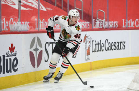 Apr 15, 2021; Detroit, Michigan, USA; Chicago Blackhawks defenseman Wyatt Kalynuk (48) during the second period against the Detroit Red Wings at Little Caesars Arena. Mandatory Credit: Tim Fuller-USA TODAY Sports