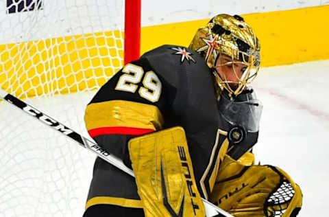 Jun 22, 2021; Las Vegas, Nevada, USA; Vegas Golden Knights goaltender Marc-Andre Fleury (29) makes a second period save against the Montreal Canadiens in game five of the 2021 Stanley Cup Semifinals at T-Mobile Arena. Mandatory Credit: Stephen R. Sylvanie-USA TODAY Sports