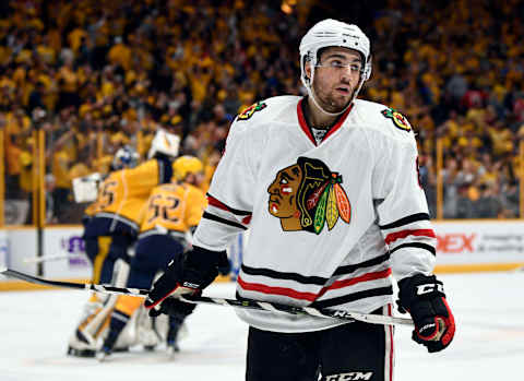 Apr 17, 2017; Nashville, TN, USA; Chicago Blackhawks center Nick Schmaltz (8) reacts after an overtime loss against the Nashville Predators in game three of the first round of the 2017 Stanley Cup Playoffs at Bridgestone Arena. The Predators won in overtime 3-2. Mandatory Credit: Christopher Hanewinckel-USA TODAY Sports