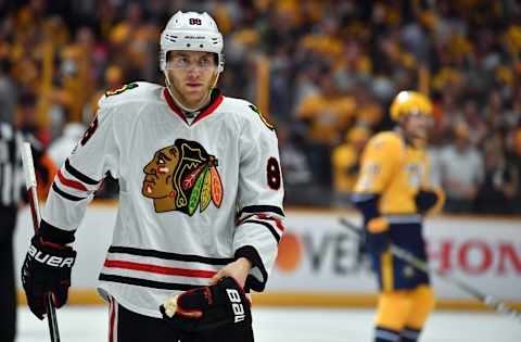 Apr 20, 2017; Nashville, TN, USA; Chicago Blackhawks right winger Patrick Kane (88) reacts after a goal by Nashville Predators defenseman Roman Josi (59) during the second period in game four of the first round of the 2017 Stanley Cup Playoffs at Bridgestone Arena. Mandatory Credit: Christopher Hanewinckel-USA TODAY Sports