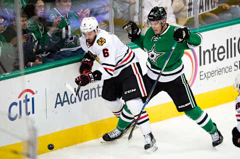 Nov 5, 2016; Dallas, TX, USA; Chicago Blackhawks defenseman Michal Kempny (6) and Dallas Stars right wing Adam Cracknell (27) during the game at the American Airlines Center. The Blackhawks defeat the Stars 3-2. Mandatory Credit: Jerome Miron-USA TODAY Sports