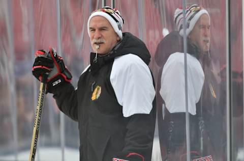 Jan 1, 2017; St. Louis, MO, USA; Chicago Blackhawks head coach Joel Quenneville looks on during practice for the Winter Classic hockey game at Busch Stadium. Mandatory Credit: Jasen Vinlove-USA TODAY Sports