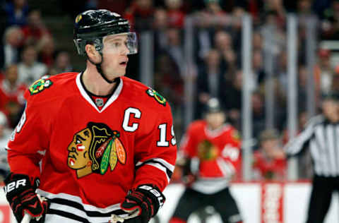 Jan 26, 2017; Chicago, IL, USA; Chicago Blackhawks center Jonathan Toews (19) looks on during the first period of the game against the Winnipeg Jets at United Center. Mandatory Credit: Caylor Arnold-USA TODAY Sports