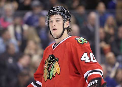 Mar 18, 2017; Toronto, Ontario, CAN; Chicago Blackhawks center John Hayden (40) during their game against the Toronto Maple Leafs at Air Canada Centre. The Blackhawks beat the Maple Leafs 2-1 in overtime. Mandatory Credit: Tom Szczerbowski-USA TODAY Sports