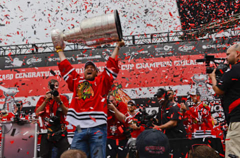 Jun 18, 2015; Chicago, IL, USA; Chicago Blackhawks defenseman Kimmo Timonen (44) holds the Stanley Cup up during the 2015 Stanley Cup championship rally at Soldier Field. Mandatory Credit: Matt Marton-USA TODAY Sports