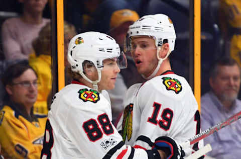 Mar 4, 2017; Nashville, TN, USA; Chicago Blackhawks center Jonathan Toews (19) celebrates with right wing Patrick Kane (88) after a power play goal during the second period against the Nashville Predators at Bridgestone Arena. Mandatory Credit: Christopher Hanewinckel-USA TODAY Sports