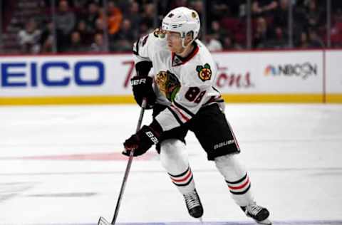 Mar 14, 2017; Montreal, Quebec, CAN;Chicago Blackhawks forward Patrick Kane (88) plays the puck during the first period of the game against the Montreal Canadiens at the Bell Centre. Mandatory Credit: Eric Bolte-USA TODAY Sports