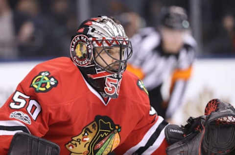 Mar 18, 2017; Toronto, Ontario, CAN; Chicago Blackhawks goalie Corey Crawford (50) guards the net against the Toronto Maple Leafs at Air Canada Centre. The Blackhawks beat the Maple Leafs 2-1 in overtime. Mandatory Credit: Tom Szczerbowski-USA TODAY Sports