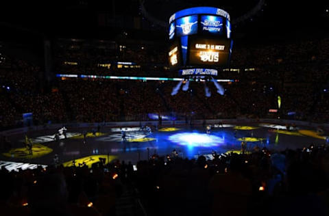 Apr 17, 2017; Nashville, TN, USA; General view of Bridgestone Arena before game three of the first round of the 2017 Stanley Cup Playoffs between the Nashville Predators and Chicago Blackhawks at Bridgestone Arena. Mandatory Credit: Christopher Hanewinckel-USA TODAY Sports