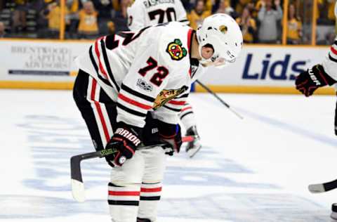 Apr 17, 2017; Nashville, TN, USA; Chicago Blackhawks left winger Artemi Panarin (72) reacts after a goal during the third period against the Nashville Predators in game three of the first round of the 2017 Stanley Cup Playoffs at Bridgestone Arena. Mandatory Credit: Christopher Hanewinckel-USA TODAY Sports