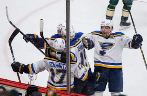 Apr 14, 2017; Saint Paul, MN, USA; St Louis Blues forward Jaden Schwartz (17) celebrates his goal in the third period against the Minnesota Wild in game two of the first round of the 2017 Stanley Cup Playoffs at Xcel Energy Center. The St Louis Blues beat the Minnesota Wild 2-1. Mandatory Credit: Brad Rempel-USA TODAY Sports