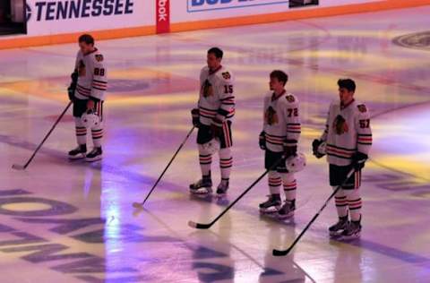 Apr 20, 2017; Nashville, TN, USA; Chicago Blackhawks players during the National Anthem prior to the game against the Nashville Predators in game four of the first round of the 2017 Stanley Cup Playoffs at Bridgestone Arena. Mandatory Credit: Christopher Hanewinckel-USA TODAY Sports