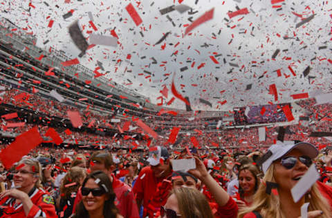 Jun 18, 2015; Chicago, IL, USA; Chicago Blackhawks fans are covered in confetti during the 2015 Stanley Cup championship rally at Soldier Field. Mandatory Credit: Matt Marton-USA TODAY Sports