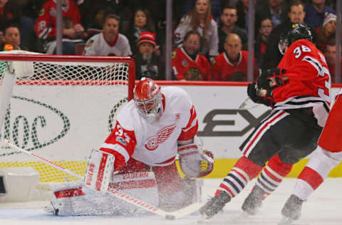 Jan 10, 2017; Chicago, IL, USA; Detroit Red Wings goalie Petr Mrazek (34) makes a save against Chicago Blackhawks right wing Ryan Hartman (38) during the first period at the United Center. Mandatory Credit: Dennis Wierzbicki-USA TODAY Sports