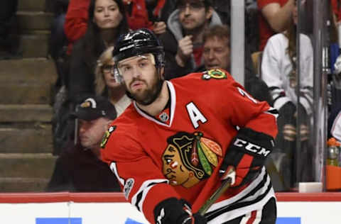 Mar 31, 2017; Chicago, IL, USA; Chicago Blackhawks defenseman Brent Seabrook (7) in the first period of their game game against the Columbus Blue Jackets at United Center. Mandatory Credit: Matt Marton-USA TODAY Sports