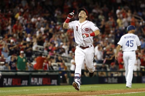 WASHINGTON, DC – JULY 17: Scooter Gennett #3 of the Cincinnati Reds and National League celebrates after a two-run home run in the ninth inning to tie the game against the American League during the 89th MLB All-Star Game, presented by Mastercard at Nationals Park on July 17, 2018 in Washington, DC. (Photo by Patrick Smith/Getty Images)