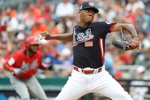 WASHINGTON, DC – JULY 15: Hunter Greene, Reds prospect, #3 pitches against the World Team during the SiriusXM All-Star Futures Game. (Photo by Rob Carr/Getty Images)