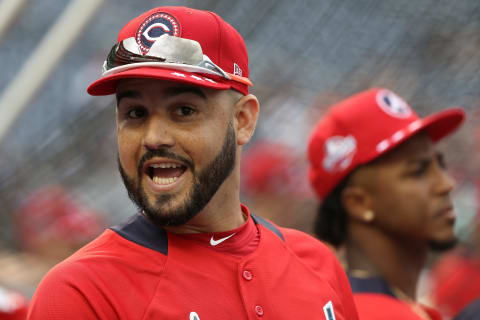 WASHINGTON, DC – JULY 16: Eugenio Suarez #7 of the Cincinnati Reds during Gatorade All-Star Workout Day at Nationals Park on July 16, 2018 in Washington, DC. (Photo by Patrick Smith/Getty Images)