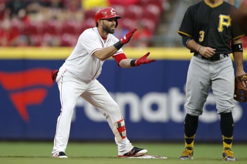 CINCINNATI, OH – JULY 21: Jose Peraza #9 of the Cincinnati Reds reacts after hitting a double during the third inning against the Pittsburgh Pirates at Great American Ball Park on July 21, 2018 in Cincinnati, Ohio. (Photo by Michael Hickey/Getty Images)