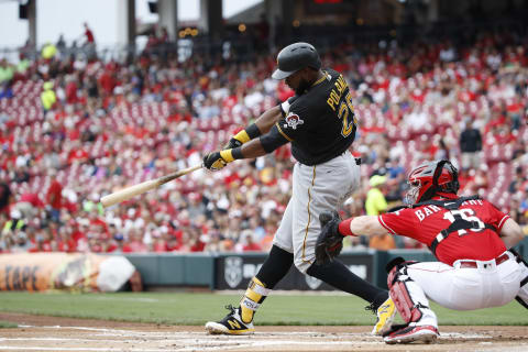 CINCINNATI, OH – JULY 22: Gregory Polanco #25 of the Pittsburgh Pirates hits a two-run home run in the first inning against the Cincinnati Reds at Great American Ball Park on July 22, 2018 in Cincinnati, Ohio. (Photo by Joe Robbins/Getty Images)