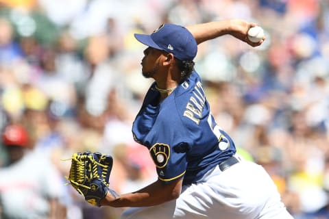 MILWAUKEE, WI – AUGUST 22: Freddy Peralta #51 of the Milwaukee Brewers throws a pitch during the first inning of a game against the Cincinnati Reds. (Photo by Stacy Revere/Getty Images)