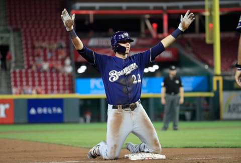 CINCINNATI, OH – AUGUST 29: Christian Yelich #22 of the Milwaukee Brewers celebrates after hitting a tripple in the 7th inning against the Cincinnati Reds at Great American Ball Park on August 29, 2018 in Cincinnati, Ohio. (Photo by Andy Lyons/Getty Images)