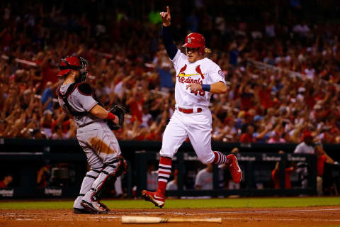 ST. LOUIS, MO – AUGUST 31: Harrison Bader #48 of the St. Louis Cardinals scores a run against the Cincinnati Reds in the second inning at Busch Stadium on August 31, 2018 in St. Louis, Missouri. (Photo by Dilip Vishwanat/Getty Images)