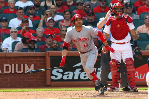 ST. LOUIS, MO – SEPTEMBER 2: Joey Votto #19 of the Cincinnati Reds bats in a run with a sacrifice fly ball against the St. Louis Cardinals in the seventh inning at Busch Stadium on September 2, 2018 in St. Louis, Missouri. (Photo by Dilip Vishwanat/Getty Images)