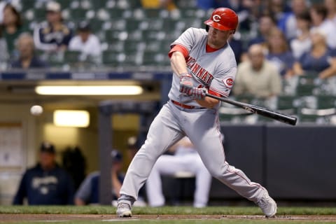 MILWAUKEE, WI – SEPTEMBER 18: Scott Schebler #43 of the Cincinnati Reds hits a single in the first inning against the Milwaukee Brewers at Miller Park on September 18, 2018 in Milwaukee, Wisconsin. (Photo by Dylan Buell/Getty Images)