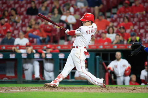 CINCINNATI, OH – SEPTEMBER 25: Scooter Gennett #3 of the Cincinnati Reds hits a tripple in the 7th inning against the Kansas City Royals at Great American Ball Park on September 25, 2018 in Cincinnati, Ohio. (Photo by Andy Lyons/Getty Images)