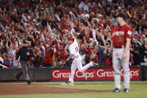 CINCINNATI, OH – SEPTEMBER 28: Jay Bruce #32 of the Cincinnati Reds watches his walk off home run in the ninth inning against the Houston Astros at Great American Ball Park on September 28, 2010 in Cincinnati, Ohio. The Reds won 3-2 to clinch the NL Central Division title. (Photo by Joe Robbins/Getty Images)