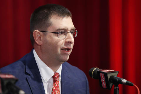 CINCINNATI, OH – OCTOBER 22: General manager Nick Krall speaks after David Bell was introduced as the new manager for the Cincinnati Reds. (Photo by Joe Robbins/Getty Images)