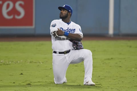 LOS ANGELES, CA – OCTOBER 26: Yasiel Puig #66 of the Los Angeles Dodgers reacts during the tenth inning against the Boston Red Sox in Game Three of the 2018 World Series at Dodger Stadium on October 26, 2018 in Los Angeles, California. (Photo by Kevork Djansezian/Getty Images)