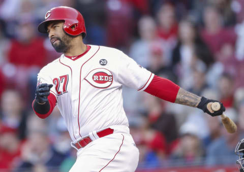 CINCINNATI, OH – APRIL 09: Matt Kemp #27 of the Cincinnati Reds hits a single during the third inning against the Miami Marlins at Great American Ball Park on April 9, 2019 in Cincinnati, Ohio. (Photo by Michael Hickey/Getty Images)