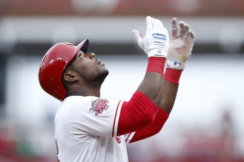 CINCINNATI, OH – APRIL 23: Yasiel Puig #66 of the Cincinnati Reds reacts after hitting a two-run home run in the first inning against the Atlanta Braves at Great American Ball Park on April 23, 2019 in Cincinnati, Ohio. (Photo by Joe Robbins/Getty Images)