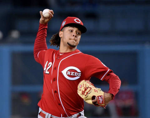 LOS ANGELES, CALIFORNIA – APRIL 15: Luis Castillo #42 of the Cincinnati Reds pitches during the first inning on Jackie Robinson Day at Dodger Stadium on April 15, 2019 in Los Angeles, California. All players are wearing the number 42 in honor of Jackie Robinson Day. (Photo by Harry How/Getty Images)