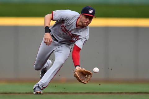 CINCINNATI, OH – MAY 31: Trea Turner #7 of the Washington Nationals fields a ground ball in the first inning against the Cincinnati Reds. (Photo by Jamie Sabau/Getty Images)