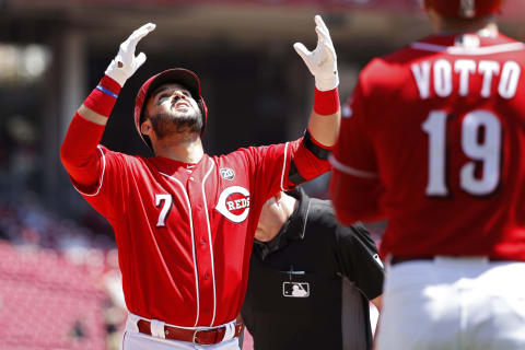 CINCINNATI, OH – MAY 06: Eugenio Suarez #7 of the Cincinnati Reds reacts after hitting a two-run home run in the first inning against the San Francisco Giants at Great American Ball Park on May 6, 2019 in Cincinnati, Ohio. (Photo by Joe Robbins/Getty Images)
