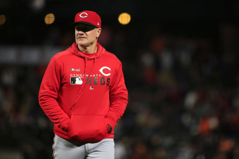 SAN FRANCISCO, CALIFORNIA – MAY 10: David Bell #25 of the Cincinnati Reds walks off the field after making a pitching change during the seventh inning against the San Francisco Giants at Oracle Park on May 10, 2019 in San Francisco, California. (Photo by Daniel Shirey/Getty Images)