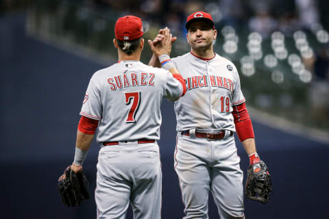 MILWAUKEE, WISCONSIN – JUNE 21: Eugenio Suarez #7 and Joey Votto #19 of the Cincinnati Reds (Photo by Dylan Buell/Getty Images)