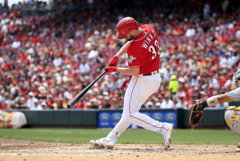 single in the third inning against the Pittsburgh Pirates at Great American Ball Park on July 31, 2019 in Cincinnati, Ohio. (Photo by Andy Lyons/Getty Images)