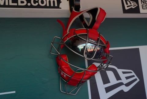 OAKLAND, CA – AUGUST 03: A detailed view of a catchers mask. (Photo by Thearon W. Henderson/Getty Images)