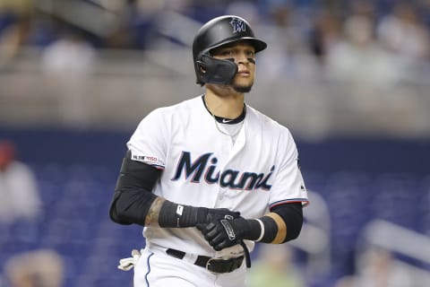 MIAMI, FLORIDA – AUGUST 29: Isan Diaz #1 of the Miami Marlins looks on against the Cincinnati Reds. (Photo by Michael Reaves/Getty Images)