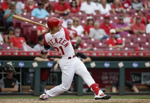 CINCINNATI, OHIO – SEPTEMBER 08: Michael Lorenzen #21 of the Cincinnati Reds hits an RBI double. (Photo by Silas Walker/Getty Images)