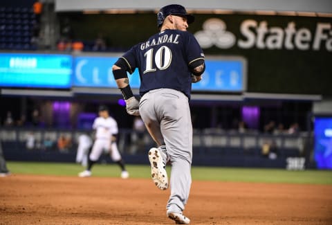 MIAMI, FLORIDA – SEPTEMBER 09: Yasmani Grandal #10 of the Milwaukee Brewers looks back to first base after hitting a homerun in the seventh inning against the Miami Marlins at Marlins Park on September 09, 2019 in Miami, Florida. (Photo by Mark Brown/Getty Images)