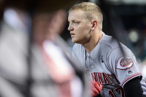 PHOENIX, ARIZONA – SEPTEMBER 14: Josh VanMeter #17 of the Cincinnati Reds watches on. (Photo by Jennifer Stewart/Getty Images)